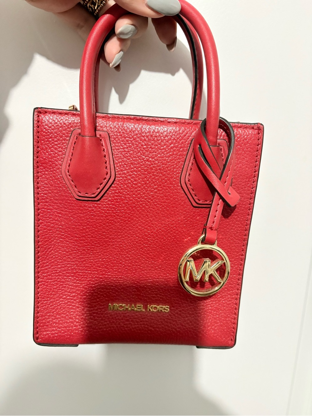 Michael Kors Small Red Pebbled Leather Mini Tote with Gold MK Charm